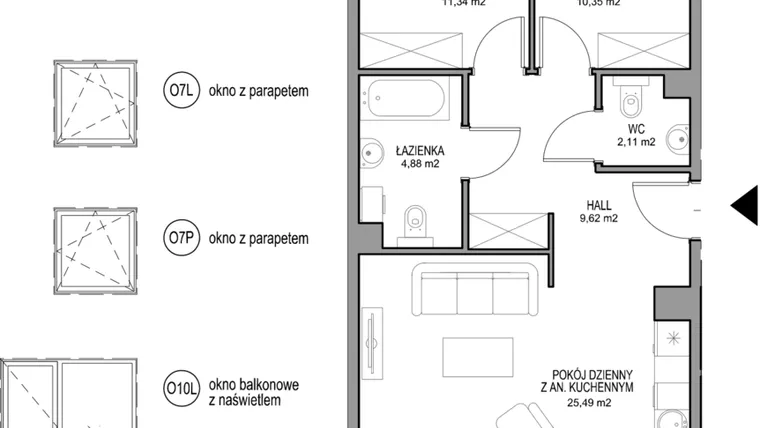 Rzut - Mieszkanie na sprzedaż 3 pokoje o powierzchni 63,79 m² - numer II.D.2.3.1 w Optima
