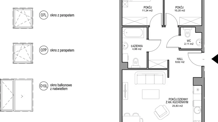 Rzut - Mieszkanie na sprzedaż 3 pokoje o powierzchni 64,23 m² - numer II.C.2.2.1 w Optima