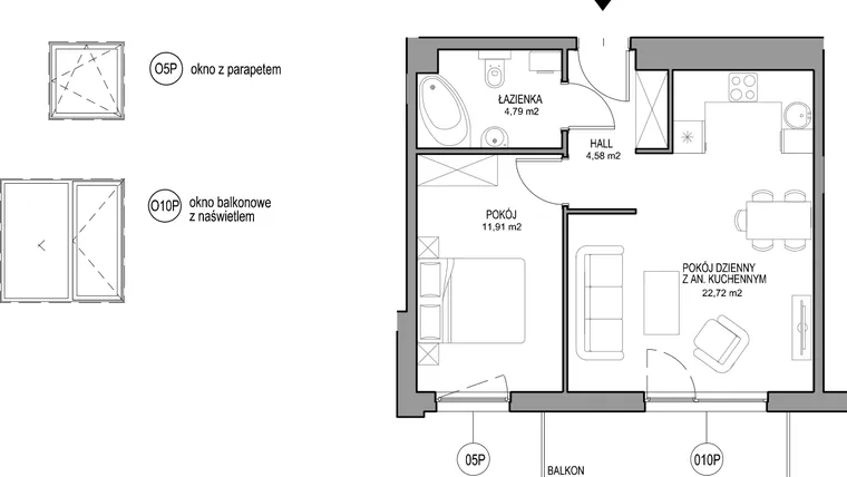 Rzut - Mieszkanie na sprzedaż 2 pokoje o powierzchni 44 m² - numer II.B.2.2.2 w Optima
