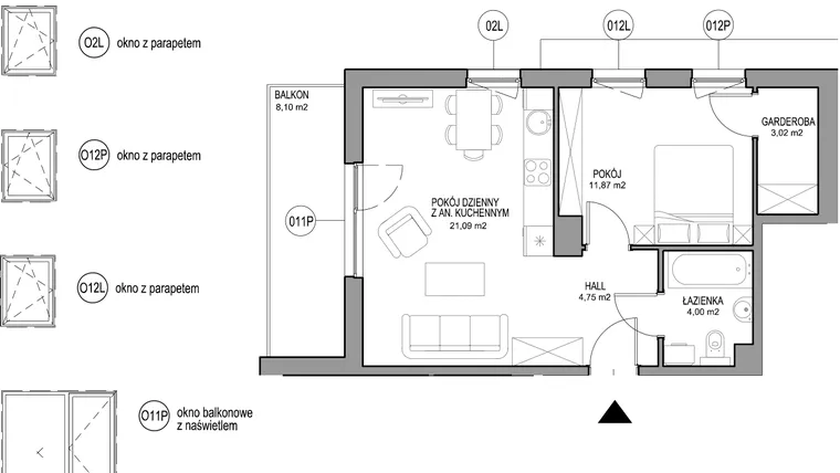 Rzut - Mieszkanie na sprzedaż 2 pokoje o powierzchni 44,73 m² - numer II.D.1.4.4 w Optima