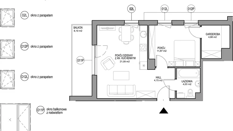 Rzut - Mieszkanie na sprzedaż 2 pokoje o powierzchni 46,59 m² - numer II.B.1.2.4 w Optima