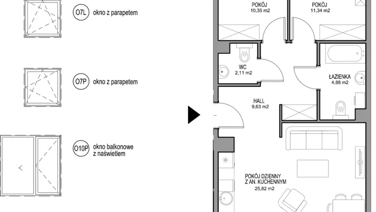 Rzut - Mieszkanie na sprzedaż 3 pokoje o powierzchni 64,13 m² - numer II.A.1.3.1 w Optima