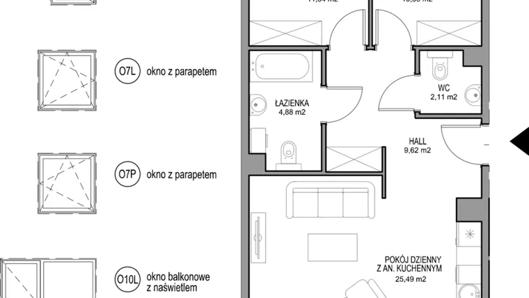 Rzut - Mieszkanie na sprzedaż 3 pokoje o powierzchni 63,79 m² - numer II.D.2.5.1 w Optima