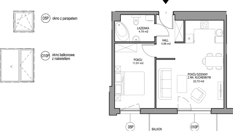 Rzut - Mieszkanie na sprzedaż 2 pokoje o powierzchni 43,93 m² - numer II.A.2.4.2 w Optima