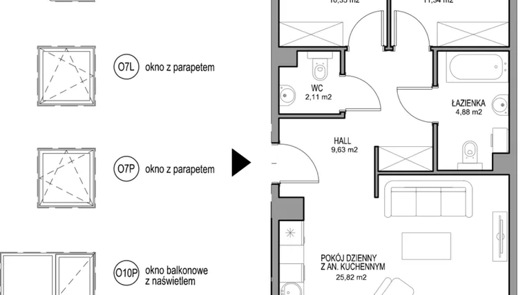 Rzut - Mieszkanie na sprzedaż 3 pokoje o powierzchni 64,08 m² - numer II.E.1.3.1 w Optima