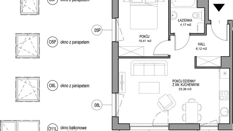 Rzut - Mieszkanie na sprzedaż 2 pokoje o powierzchni 44,08 m² - numer II.E.1.3.3 w Optima