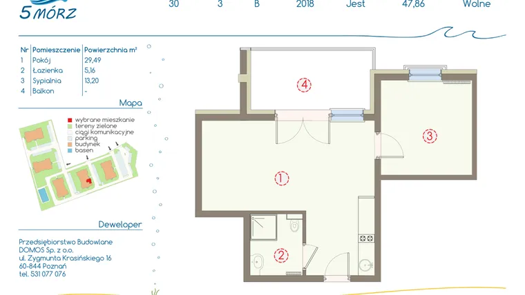 Rzut - Mieszkanie na sprzedaż 2 pokoje o powierzchni 49,06 m² - numer B30 w 5 Mórz