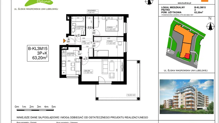 Rzut - Mieszkanie na sprzedaż 3 pokoje o powierzchni 63,2 m² - numer B.3.M15 w Starołęcka Dolina