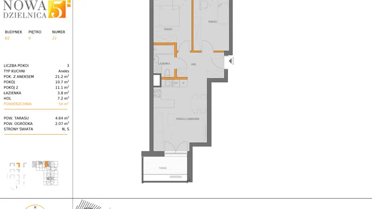 Rzut - Mieszkanie na sprzedaż 3 pokoje o powierzchni 54,5 m² - numer B2.22 w Nowa 5 Dzielnica
