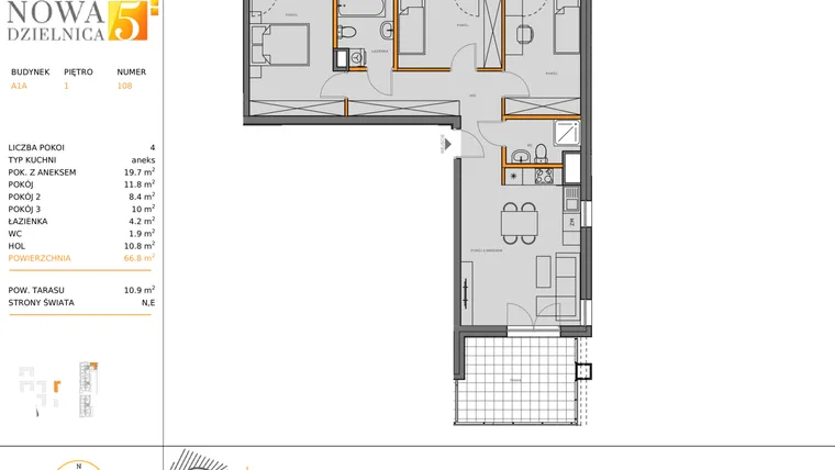 Rzut - Mieszkanie na sprzedaż 4 pokoje o powierzchni 68,2 m² - numer A1.108 w Nowa 5 Dzielnica