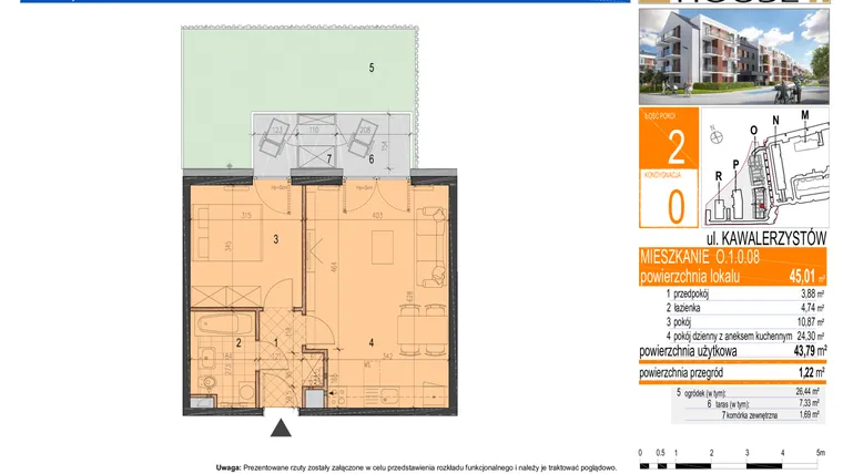 Rzut - Mieszkanie na sprzedaż 2 pokoje o powierzchni 44,91 m² - numer O.1.0.08 w Partynice House