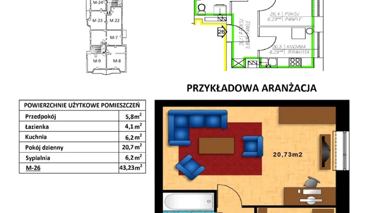 Rzut - Mieszkanie na sprzedaż 2 pokoje o powierzchni 43,23 m² - numer H.26 w Bartla 19