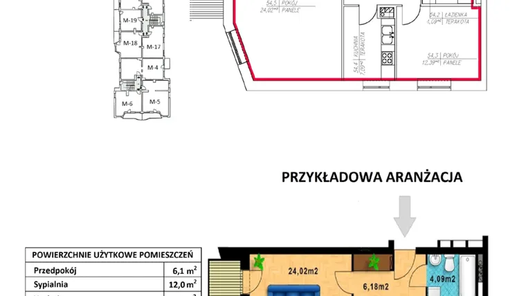 Rzut - Mieszkanie na sprzedaż 2 pokoje o powierzchni 53,77 m² - numer H.54 w Bartla 19