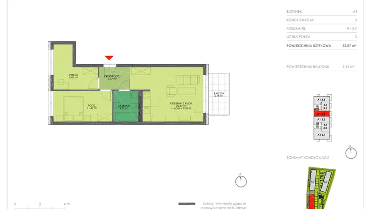 Rzut - Mieszkanie na sprzedaż 3 pokoje o powierzchni 52,07 m² - numer A1.3.4 w Bieńkowice