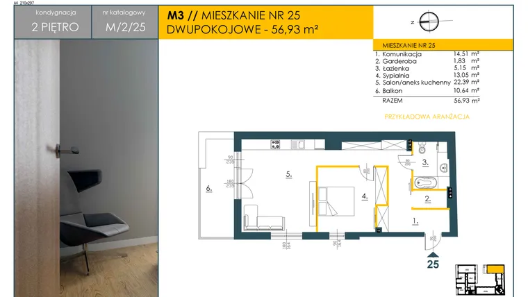 Rzut - Mieszkanie na sprzedaż 2 pokoje o powierzchni 56,93 m² - numer 25 w Apartamenty Curie