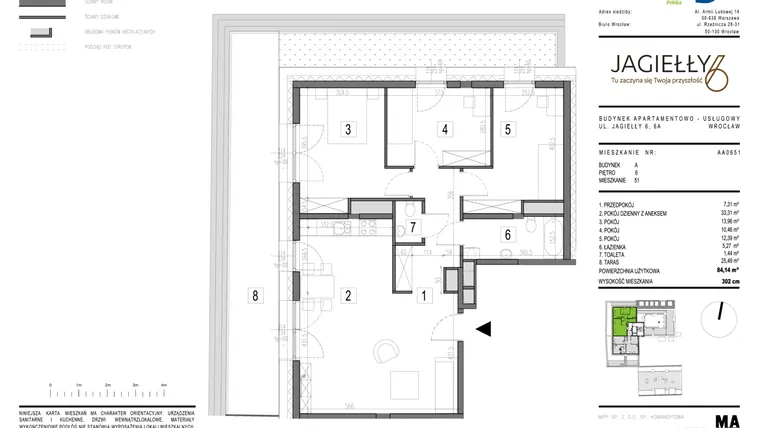 Rzut - Mieszkanie na sprzedaż 4 pokoje o powierzchni 84,11 m² - numer AA0651 w Jagiełły 6
