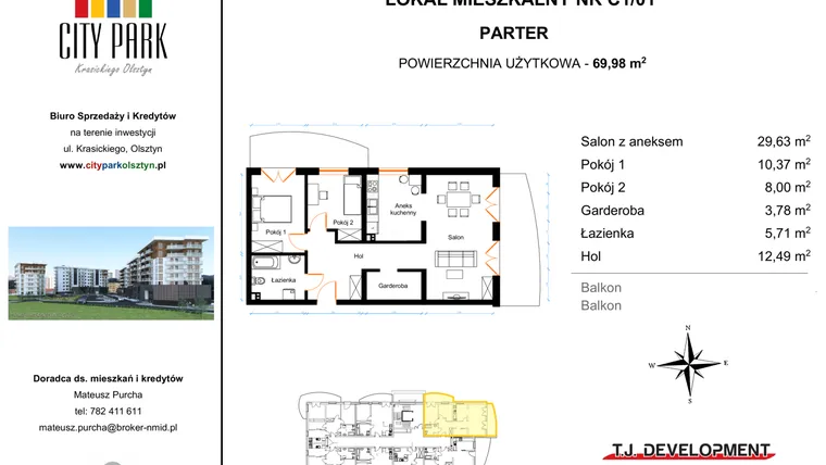 Rzut - Mieszkanie na sprzedaż 3 pokoje o powierzchni 69,98 m² - numer C1/001 w City Park - etap II