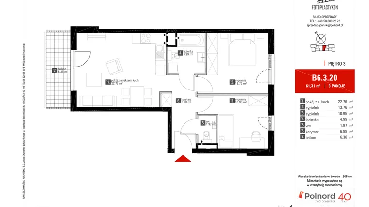 Rzut - Mieszkanie na sprzedaż 3 pokoje o powierzchni 61,31 m² - numer B6.3.20 w Fotoplastykon