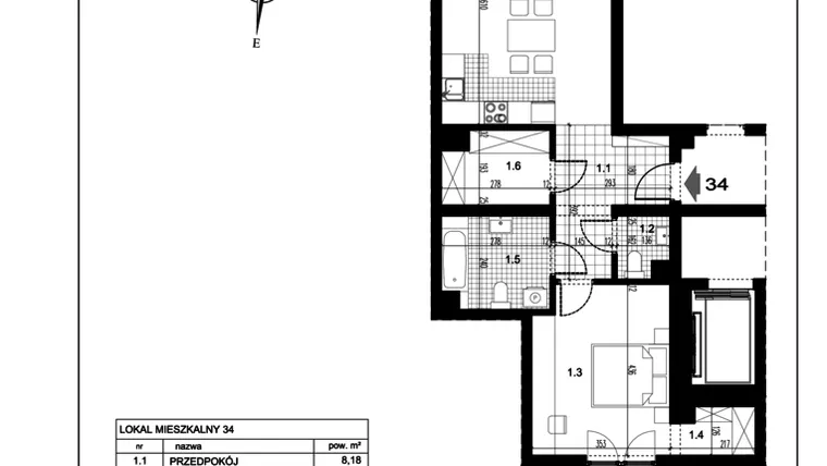 Rzut - Mieszkanie na sprzedaż 2 pokoje o powierzchni 64,85 m² - numer 3B.34 w Małysiaka