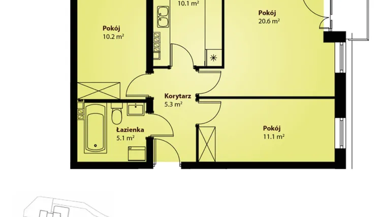Rzut - Mieszkanie na sprzedaż 3 pokoje o powierzchni 60,95 m² - numer B.II.2 w Villa Rosenthal