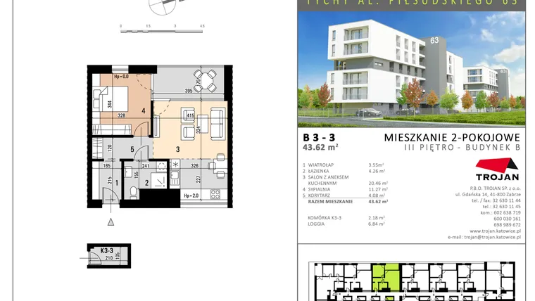Rzut - Mieszkanie na sprzedaż 2 pokoje o powierzchni 43,62 m² - numer B3-3 w Mieszkania przy Piłsudskiego
