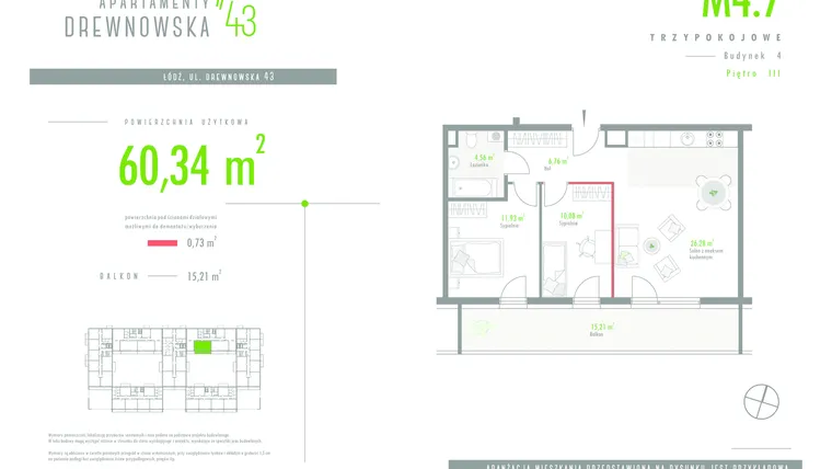 Rzut - Mieszkanie na sprzedaż 3 pokoje o powierzchni 60,34 m² - numer 4-7 w Apartamenty Drewnowska 43