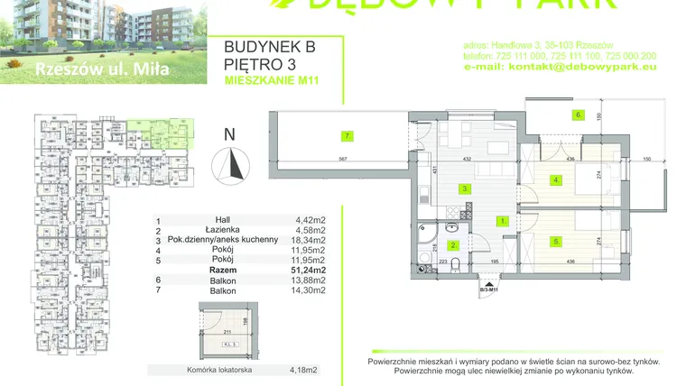 Rzut - Mieszkanie na sprzedaż 3 pokoje o powierzchni 51,24 m² - numer b/3-m11 w Dębowy Park
