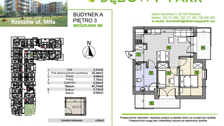 Rzut - Mieszkanie na sprzedaż 3 pokoje o powierzchni 47,11 m² - numer a/3-m6 w Dębowy Park