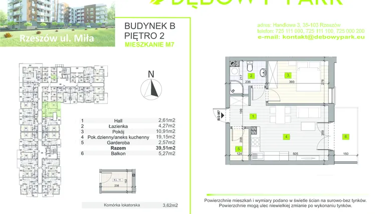 Rzut - Mieszkanie na sprzedaż 2 pokoje o powierzchni 39,51 m² - numer b/2-m7 w Dębowy Park