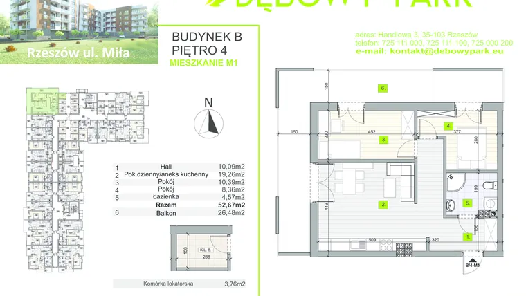 Rzut - Mieszkanie na sprzedaż 3 pokoje o powierzchni 52,67 m² - numer b/4-m1 w Dębowy Park