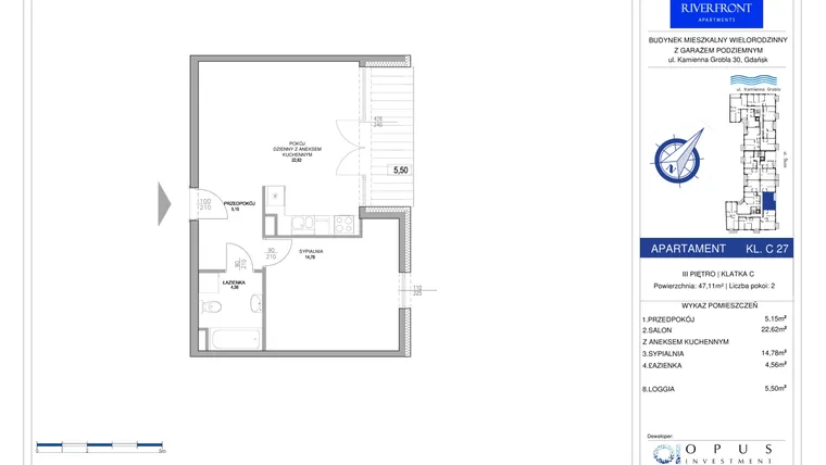 Rzut - Mieszkanie na sprzedaż 2 pokoje o powierzchni 47,11 m² - numer C27 w Riverfront Apartments