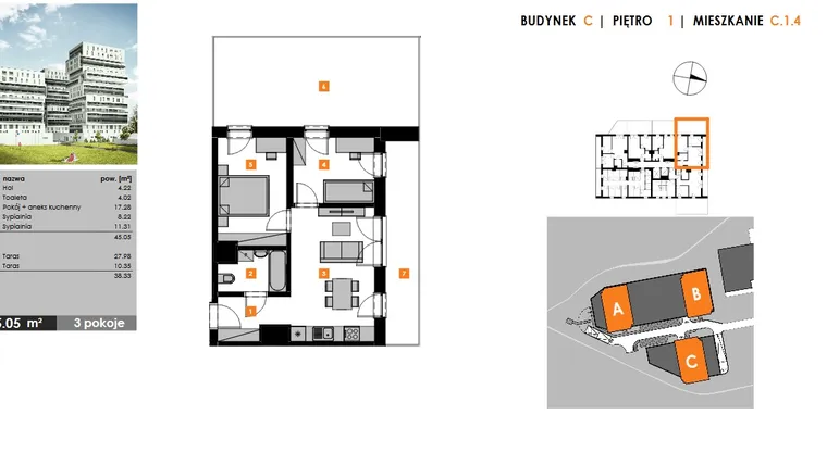 Rzut - Mieszkanie na sprzedaż 3 pokoje o powierzchni 45,05 m² - numer C-1-4 w Witolda Park
