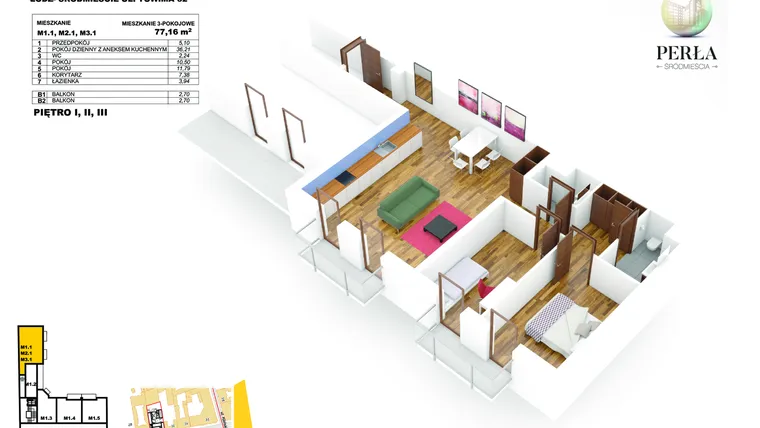 Rzut - Mieszkanie na sprzedaż 3 pokoje o powierzchni 77,16 m² - numer M2.1 w Perła Śródmieścia