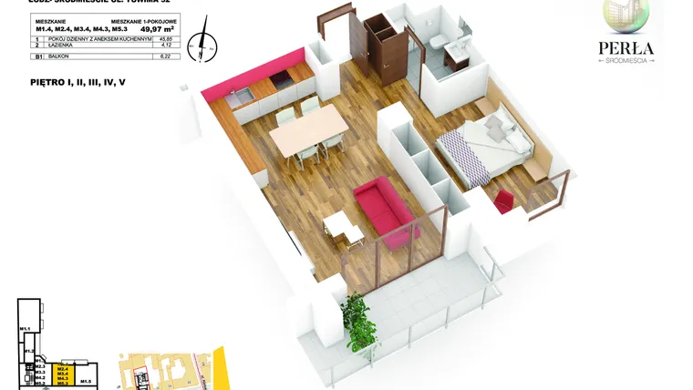 Rzut - Mieszkanie na sprzedaż 1 pokój o powierzchni 49,97 m² - numer M4.3 w Perła Śródmieścia