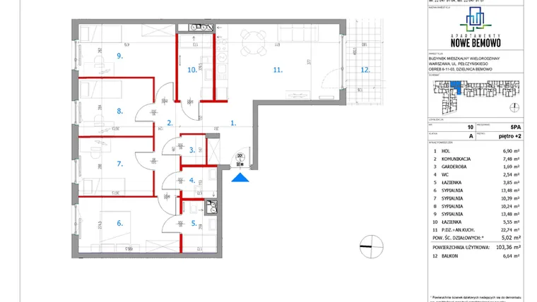 Rzut - Mieszkanie na sprzedaż 5 pokoi o powierzchni 103,36 m² - numer A10 w Apartamenty Nowe Bemowo