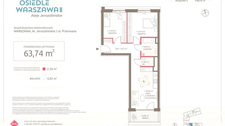 Rzut - Mieszkanie na sprzedaż 3 pokoje o powierzchni 63,74 m² - numer E.2.4.1 w Osiedle Warszawa etap II