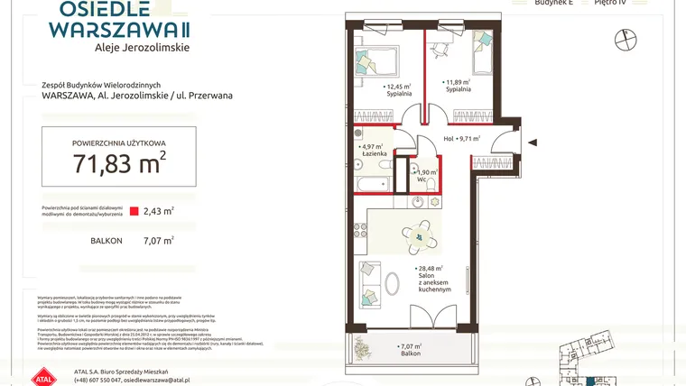 Rzut - Mieszkanie na sprzedaż 3 pokoje o powierzchni 71,83 m² - numer E.1.4.4 w Osiedle Warszawa etap II