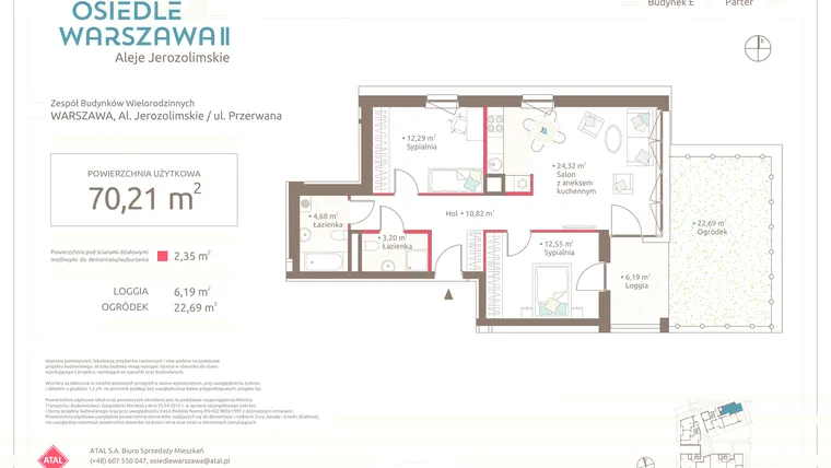 Rzut - Mieszkanie na sprzedaż 3 pokoje o powierzchni 70,21 m² - numer E.4.0.1 w Osiedle Warszawa etap II