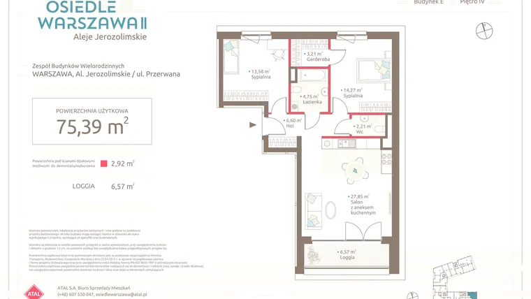 Rzut - Mieszkanie na sprzedaż 3 pokoje o powierzchni 75,39 m² - numer E.1.4.1 w Osiedle Warszawa etap II