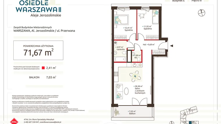 Rzut - Mieszkanie na sprzedaż 3 pokoje o powierzchni 71,67 m² - numer E.1.3.4 w Osiedle Warszawa etap II