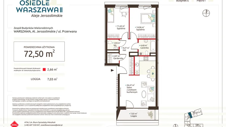 Rzut - Mieszkanie na sprzedaż 3 pokoje o powierzchni 72,5 m² - numer E.3.1.4 w Osiedle Warszawa etap II