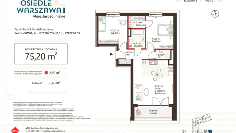 Rzut - Mieszkanie na sprzedaż 3 pokoje o powierzchni 75,2 m² - numer E.1.1.1 w Osiedle Warszawa etap II