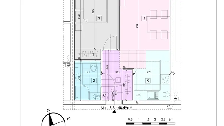 Rzut - Mieszkanie na sprzedaż 2 pokoje o powierzchni 48,49 m² - numer B.3 w Osiedle Fabryczna