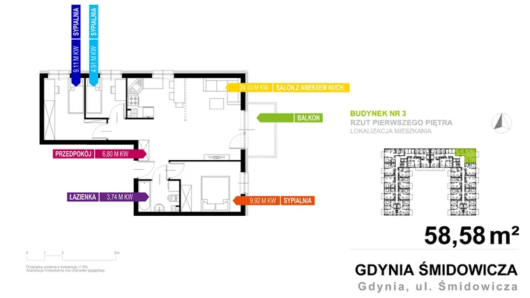Rzut - Mieszkanie na sprzedaż 4 pokoje o powierzchni 58,58 m² - numer 3B.1.01 w Murapol Nadmorskie Tarasy