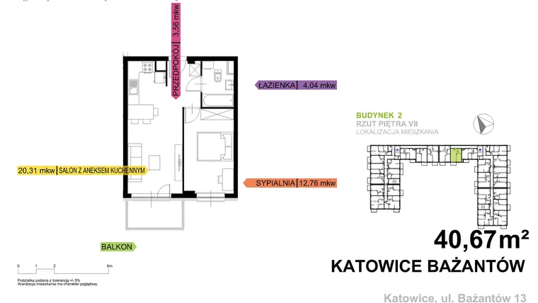 Rzut - Mieszkanie na sprzedaż 2 pokoje o powierzchni 40,67 m² - numer 2.B.7.13 w Murapol Nowy Bażantów