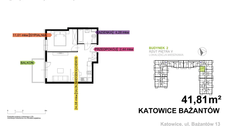 Rzut - Mieszkanie na sprzedaż 2 pokoje o powierzchni 41,81 m² - numer 2.B.5.11 w Murapol Nowy Bażantów