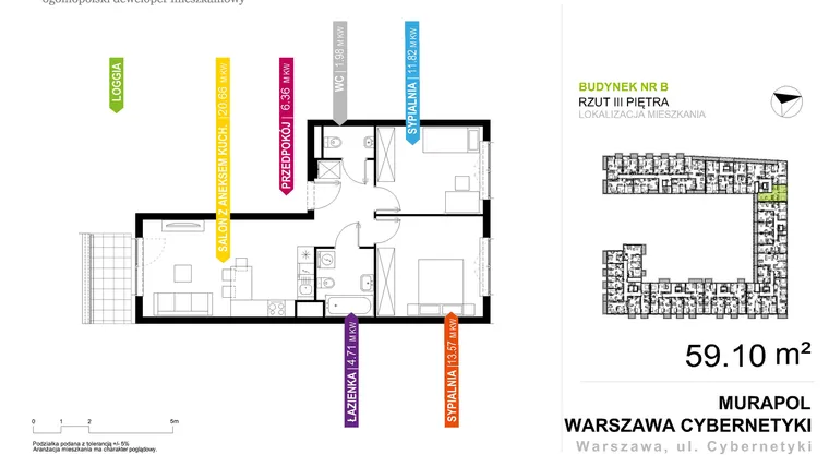 Rzut - Mieszkanie na sprzedaż 3 pokoje o powierzchni 59,1 m² - numer B.3.3.03 w Murapol Atrium Służewiec