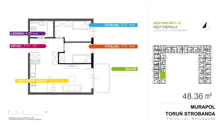 Rzut - Mieszkanie na sprzedaż 3 pokoje o powierzchni 48,36 m² - numer F1.3.1 w Murapol Nowy Toruń
