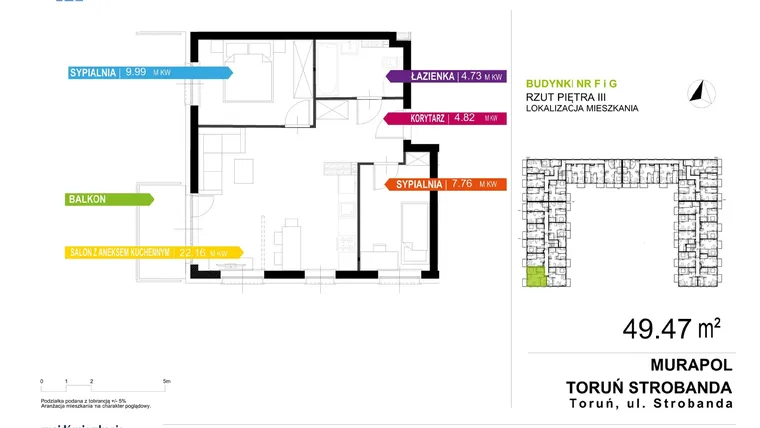 Rzut - Mieszkanie na sprzedaż 3 pokoje o powierzchni 49,47 m² - numer F1.3.3 w Murapol Nowy Toruń