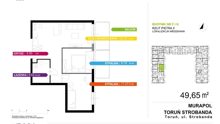 Rzut - Mieszkanie na sprzedaż 3 pokoje o powierzchni 49,65 m² - numer F1.2.10 w Murapol Nowy Toruń